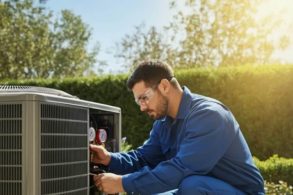 Best time for HVAC repairs and maintenance. Technician performing maintenance in Spring.