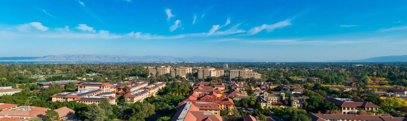 Panoramic aerial view of Silicon Valley office buildings and neighborhoods representing Aquinas HVAC service areas across the Bay Area, California.