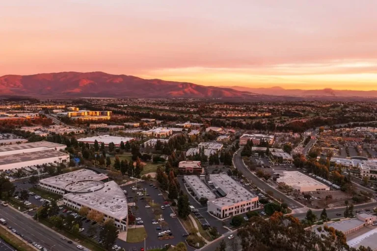 Aerial view of commercial buildings in Chula Vista at sunset in San Diego County.