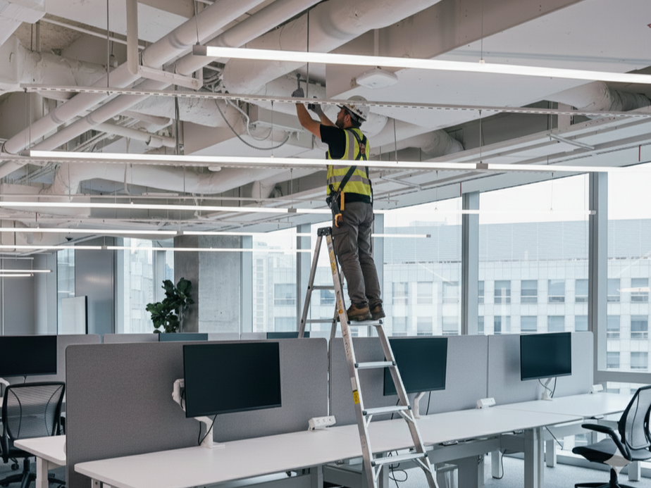 HVAC technician inspecting exposed ductwork above an office building workspace in San Jose