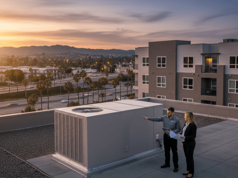 Commercial HVAC technician reviewing rooftop system with property manager at a multi-family building.