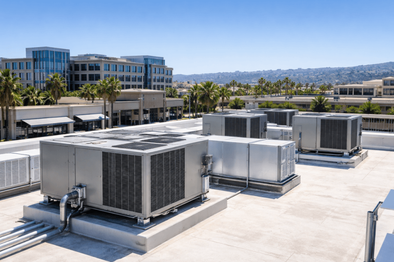Light-commercial HVAC rooftop units serving a mixed-use commercial building in San Diego, California.