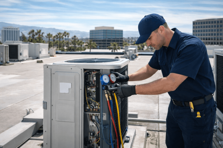 HVAC technician servicing rooftop commercial AC unit in Orange County during maintenance visit