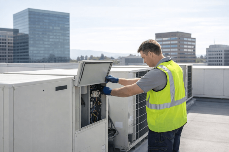 HVAC technician inspecting rooftop units on modern San Jose office building during scheduled maintenance.