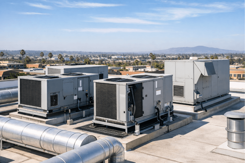 Commercial HVAC rooftop units operating during peak season at a San Diego commercial property