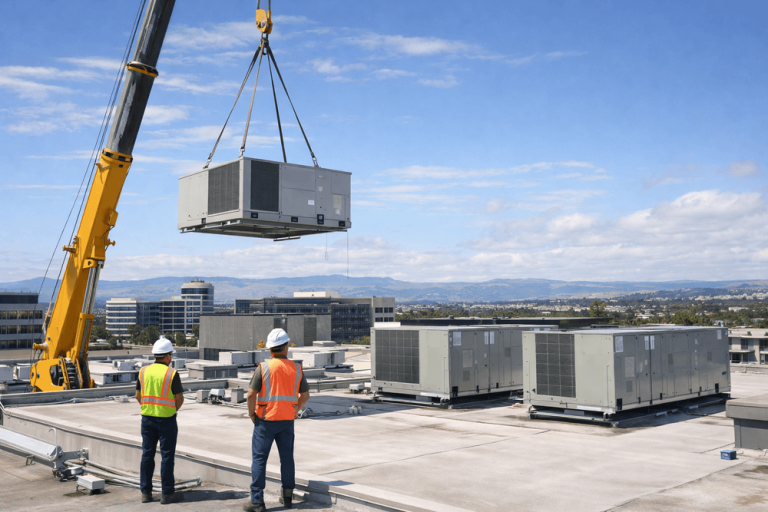 Commercial rooftop HVAC unit replacement on a San Jose office building