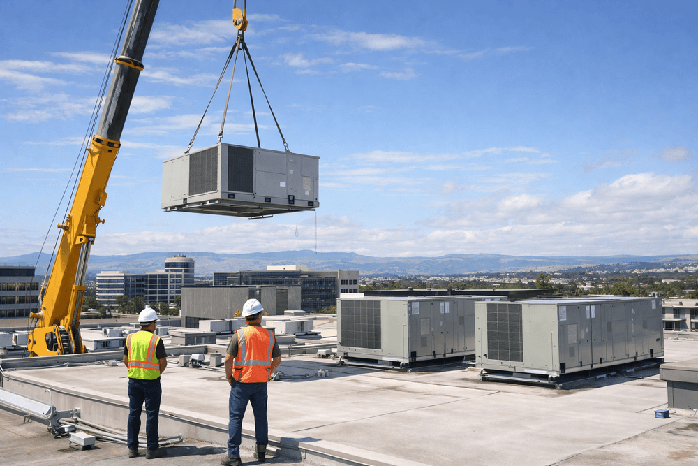 Commercial rooftop HVAC unit replacement on a San Jose office building