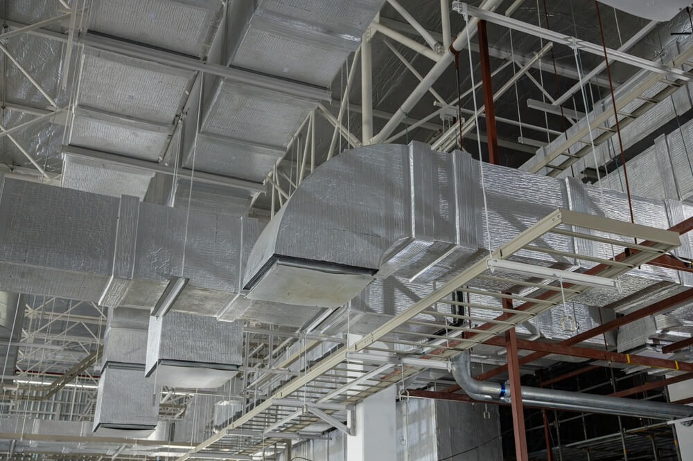 Commercial HVAC duct system showing airflow distribution and zoning in a large building.
