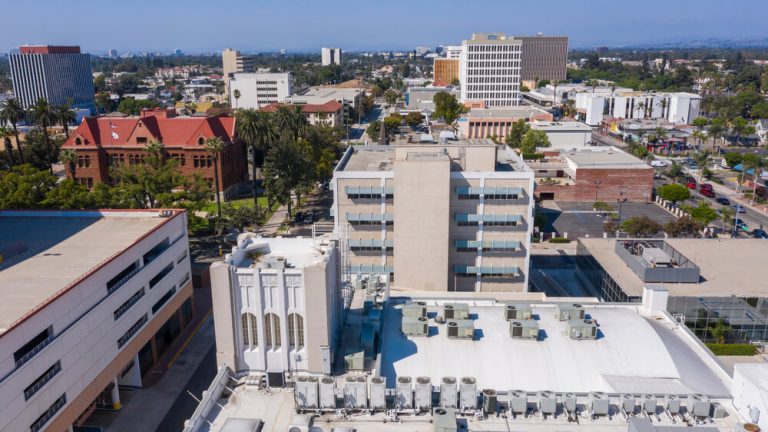 Commercial rooftop HVAC systems on buildings in Santa Ana, California