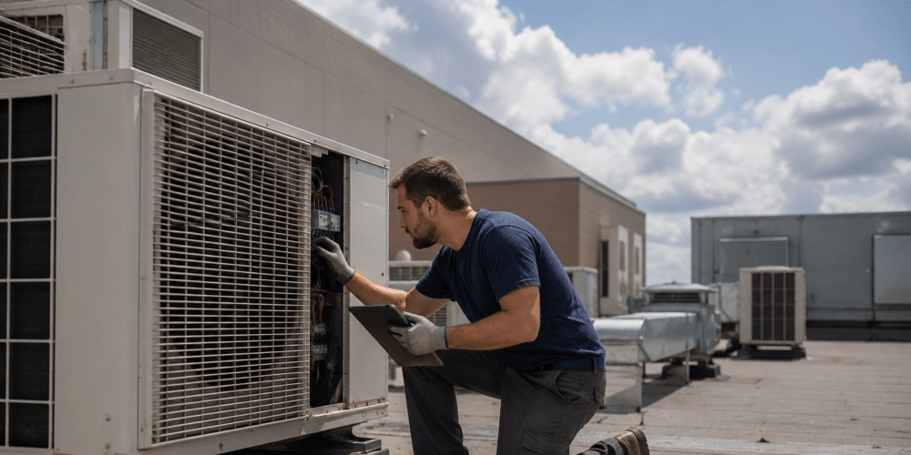 Technician inspecting commercial rooftop HVAC equipment in San Jose during emergency repair evaluation