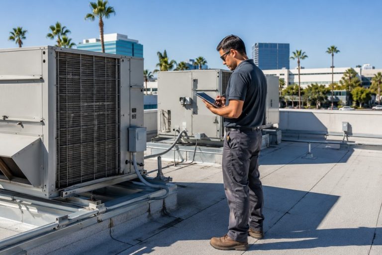 Commercial HVAC technician monitoring rooftop cooling equipment in Orange County