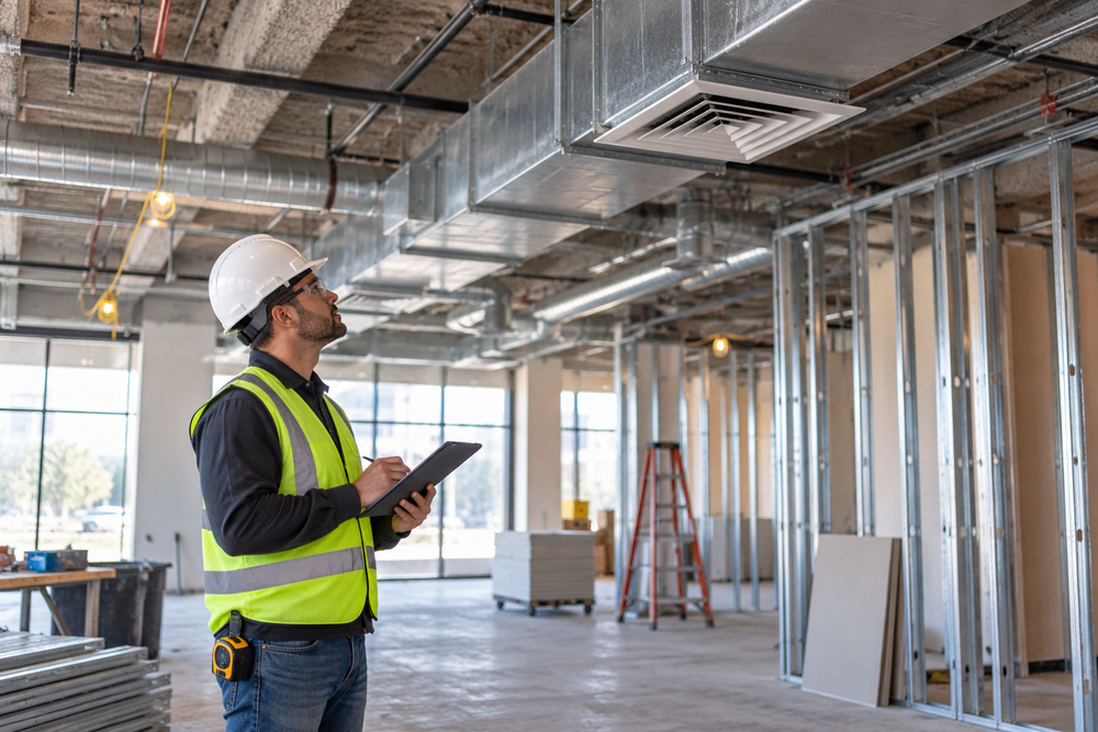 Commercial HVAC tech inspecting exposed ductwork during a tenant improvement project in an Orange County commercial space.