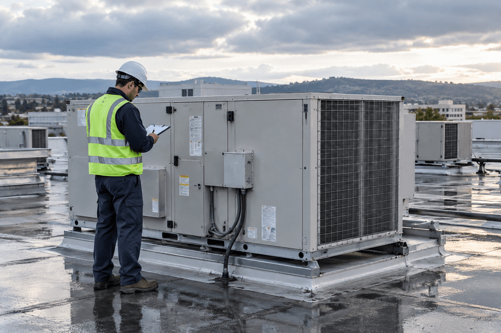 Technician inspecting rooftop commercial HVAC equipment after rain in the Bay Area.