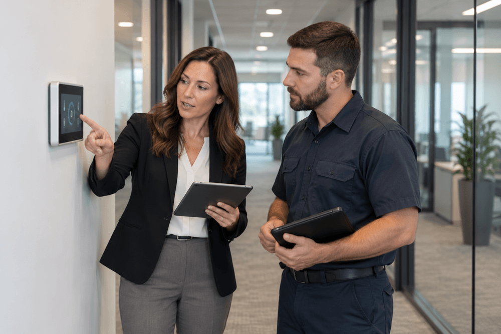 Property manager and HVAC technician reviewing a wall-mounted thermostat in a commercial office hallway.