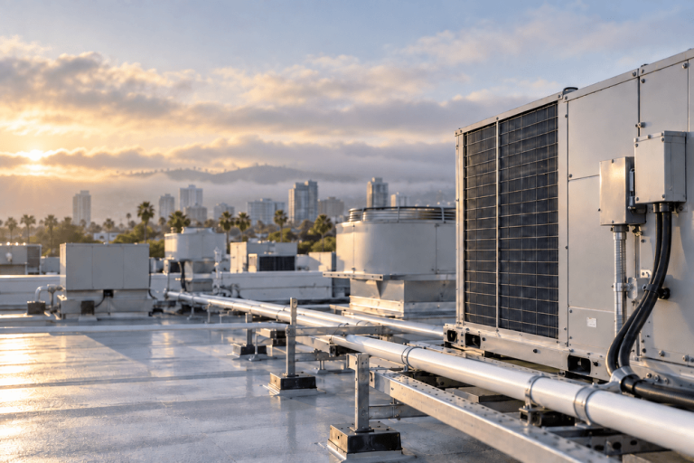 Commercial rooftop HVAC equipment in San Diego during a cool, overcast morning.