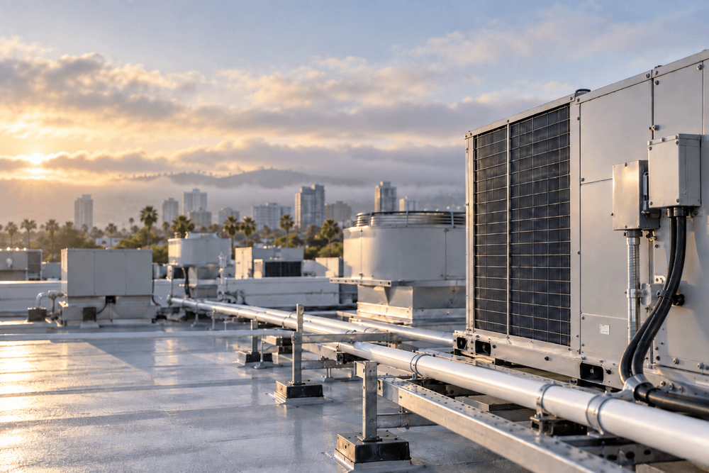 Commercial rooftop HVAC equipment in San Diego during a cool, overcast morning.